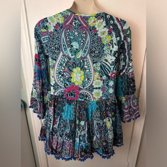Moroccan Night Printed sequin Bell Sleeve Dress Kaftan Dress Pom-poms S/M #1352 - Picture 6 of 8